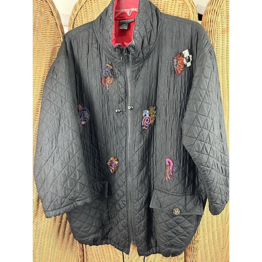 Vintage Quilted Jacket Carole Little Sport Silk Sz 10 Black Beaded Silk distress